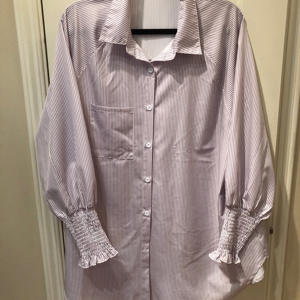 Light Lavender Striped Button-Front Blouse with Smocked Cuffs. Like new